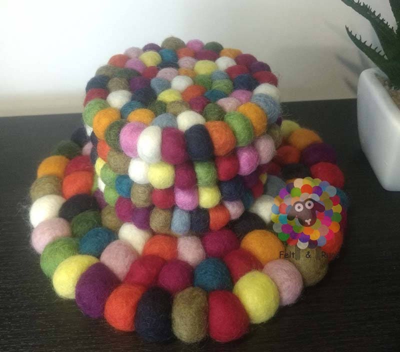 Multicolored Felt Ball Trivet and Coasters Set. 100 % Wool