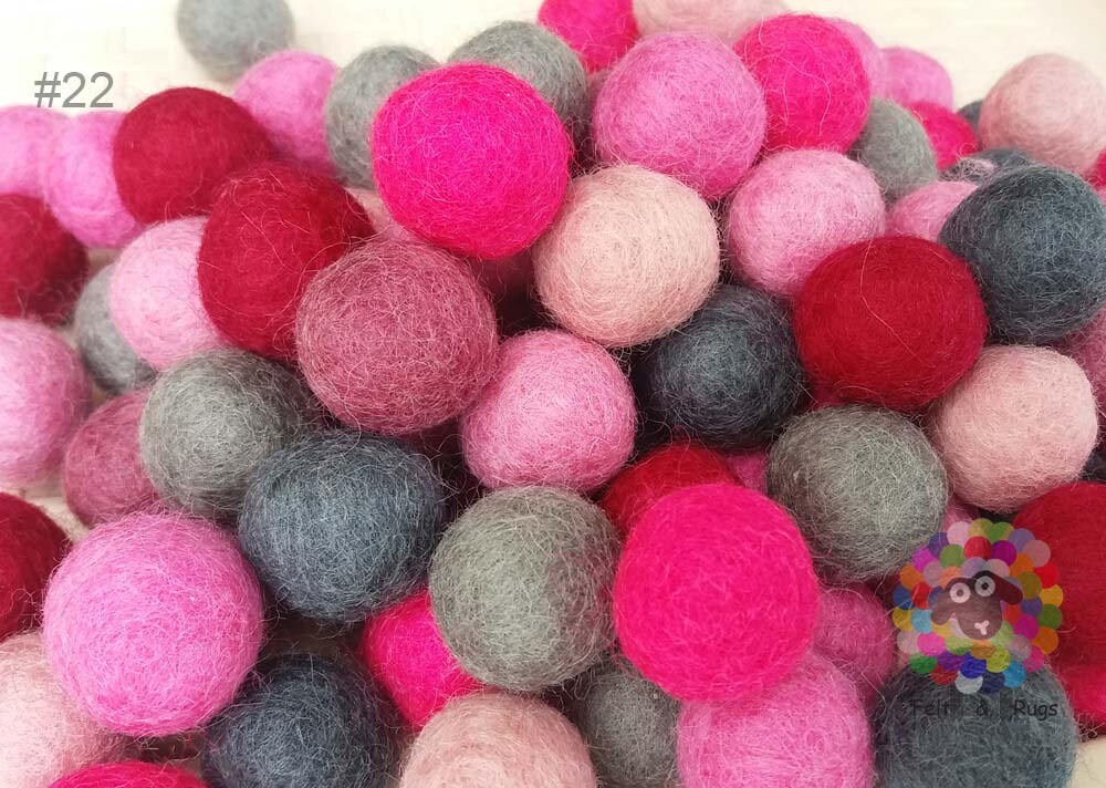 2 cm Felt Balls. Wool Pom pom Nursery Garland Decoration. Shades of Pink and Grey 100 % Wool - DIY Craft
