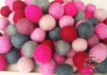 Load image into Gallery viewer, 2 cm Felt Balls. Wool Pom pom Nursery Garland Decoration. Shades of Pink and Grey 100 % Wool - DIY Craft