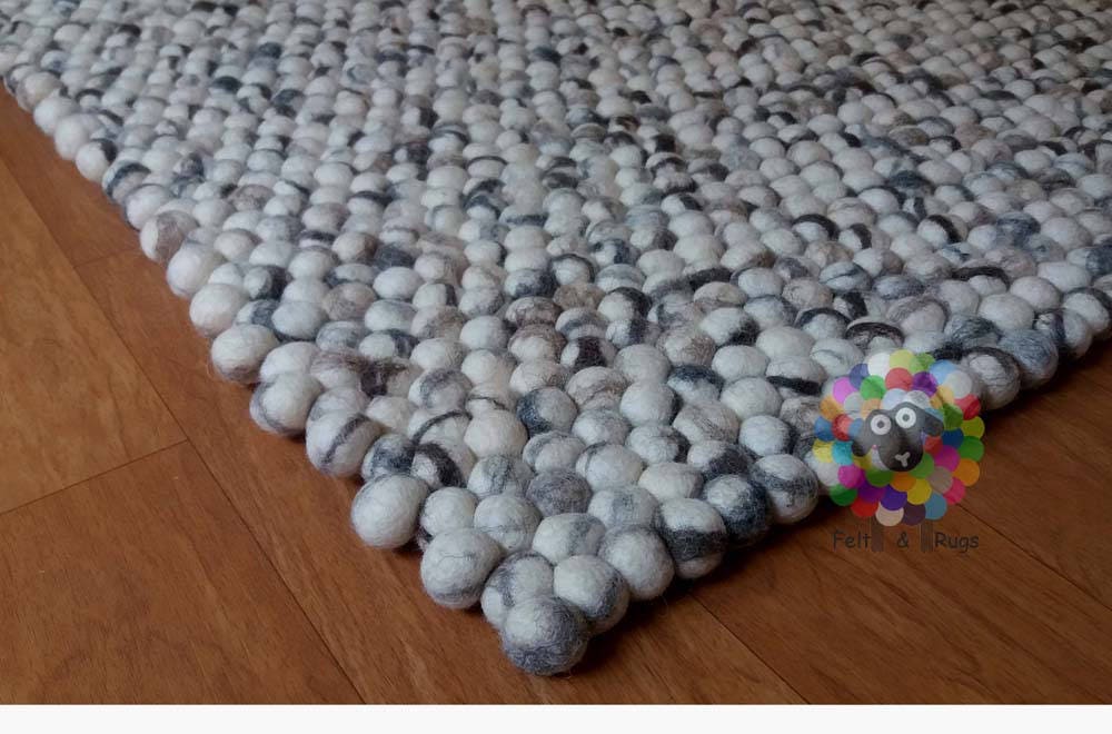 Rectangle Felt Ball Rug. Stone Designer Rug . 100 % Wool Carpet (Free Shipping)