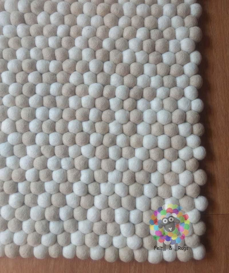 Rectangle Felt Ball Rug. White and Off-White Random Mix. 100 % Wool Carpet (Free Shipping)