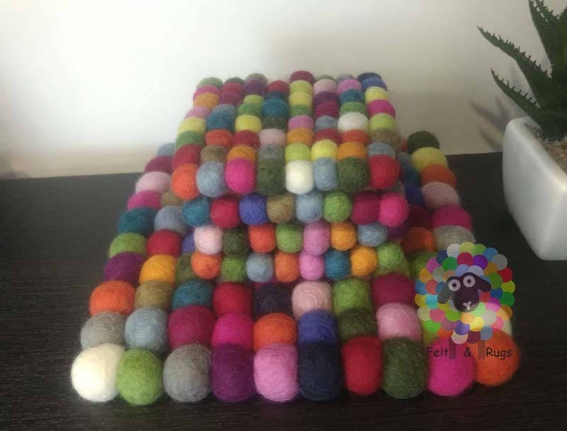 Square Multicolored Felt Ball Trivet and Coasters Set. 100 % Wool