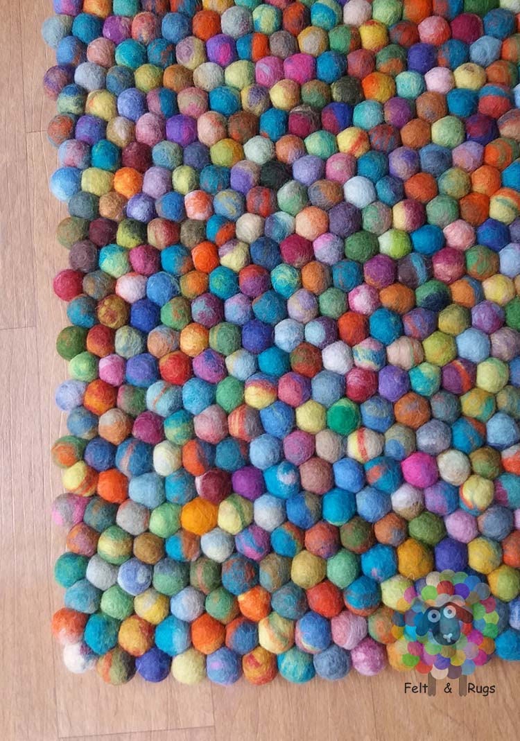 Rectangle Felt Ball Rug. Multicolored Rug, Pom pom Pebble Rug.  100 % Wool Carpet (Free Shipping)