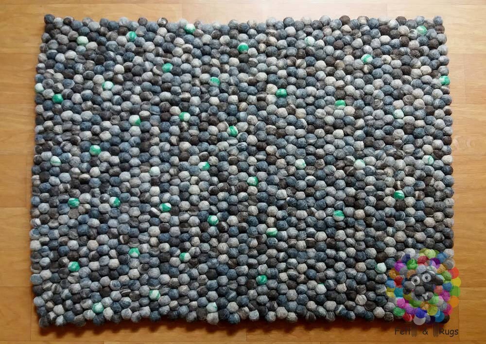 Rectangle Felt Ball Rug. 60 cm x 80 cm Stone Designer Rug . 100 % Wool Carpet
