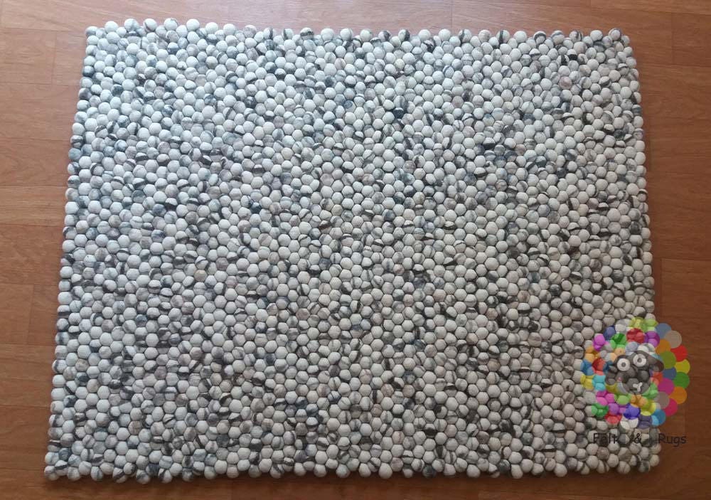 Rectangle Felt Ball Rug.  Stone Designer Rug . 100 % Wool Carpet (Free Shipment)