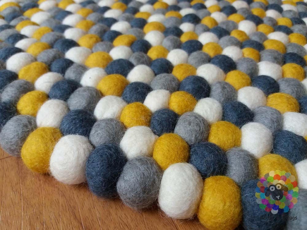 Felt Ball Rugs. Mustard Yellow / White / Light Grey and dark Grey Nursery Rug (Free Shipping)