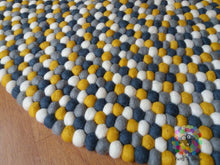 Load image into Gallery viewer, Felt Ball Rugs. Mustard Yellow / White / Light Grey and dark Grey Nursery Rug (Free Shipping)