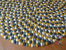 Load image into Gallery viewer, Felt Ball Rugs. Mustard Yellow / White / Light Grey and dark Grey Nursery Rug (Free Shipping)
