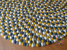 Load image into Gallery viewer, Felt Ball Rugs. Mustard Yellow / White / Light Grey and dark Grey Nursery Rug (Free Shipping)