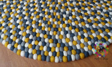 Load image into Gallery viewer, Felt Ball Rugs. Mustard Yellow / White / Light Grey and dark Grey Nursery Rug (Free Shipping)