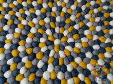 Load image into Gallery viewer, Felt Ball Rugs. Mustard Yellow / White / Light Grey and dark Grey Nursery Rug (Free Shipping)