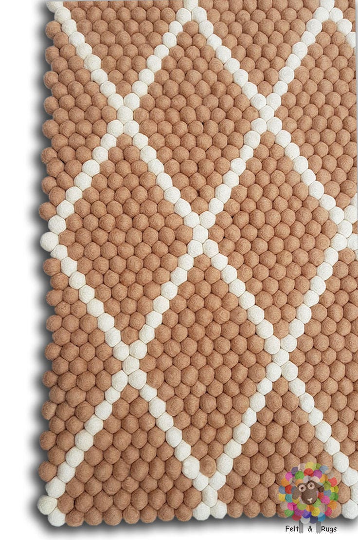 Rectangle Felt Ball Rug. Diamond Design , Sand Color with White designs. 100 % Wool Carpet (Free Shipping)