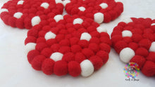 Load image into Gallery viewer, Felt Ball Coasters, Set of 6 coasters , Red with White Spots coasters, Housewarming Gift , New Home Gift. 100 % Wool