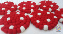 Load image into Gallery viewer, Felt Ball Coasters, Set of 6 coasters , Red with White Spots coasters, Housewarming Gift , New Home Gift. 100 % Wool