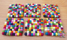 Load image into Gallery viewer, Square Felt Ball Coasters, Set of 6 coasters , Multicolor coasters, Rainbow Coasters, Housewarming Gift , New Home Gift. 100 % Wool
