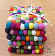 Load image into Gallery viewer, Square Felt Ball Coasters, Set of 6 coasters , Multicolor coasters, Rainbow Coasters, Housewarming Gift , New Home Gift. 100 % Wool
