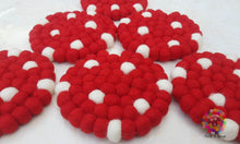 Load image into Gallery viewer, Felt Ball Coasters, Set of 6 coasters , Red with White Spots coasters, Housewarming Gift , New Home Gift. 100 % Wool
