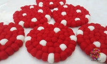 Load image into Gallery viewer, Felt Ball Coasters, Set of 6 coasters , Red with White Spots coasters, Housewarming Gift , New Home Gift. 100 % Wool