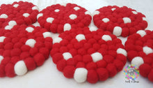Load image into Gallery viewer, Felt Ball Coasters, Set of 6 coasters , Red with White Spots coasters, Housewarming Gift , New Home Gift. 100 % Wool
