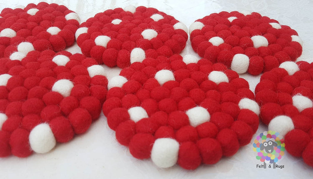 Felt Ball Coasters, Set of 6 coasters , Red with White Spots coasters, Housewarming Gift , New Home Gift. 100 % Wool