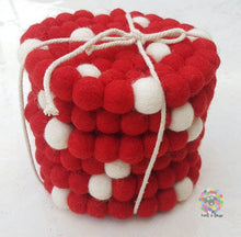 Load image into Gallery viewer, Felt Ball Coasters, Set of 6 coasters , Red with White Spots coasters, Housewarming Gift , New Home Gift. 100 % Wool
