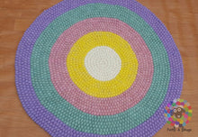 Load image into Gallery viewer, Felt Ball Rug. Ring Rug Circular Stripe Pom pom nursery rug. 100 % Wool Carpet (Free Shipping)