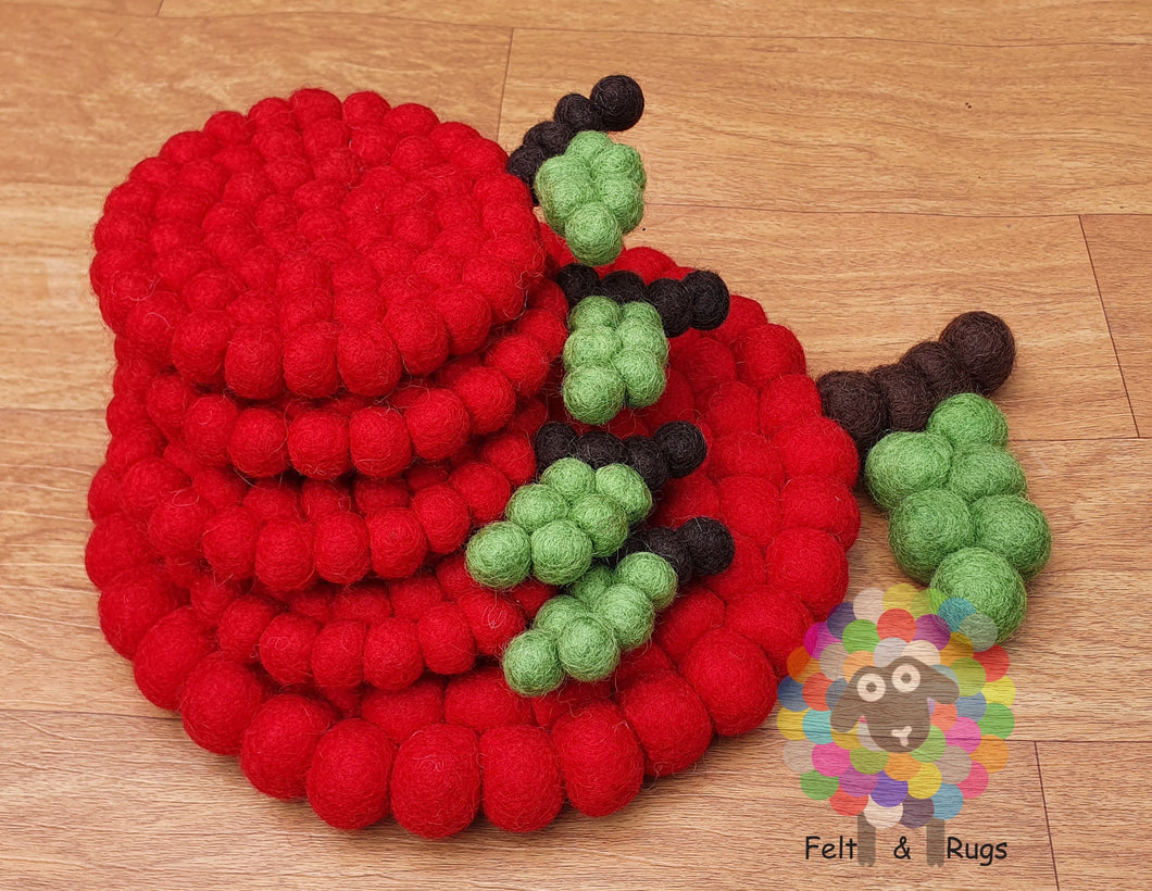 Red Cherry Felt Ball Trivet and Coasters Set. 100 % Wool