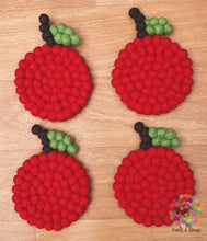 Load image into Gallery viewer, Red Cherry Felt Ball Trivet and Coasters Set. 100 % Wool