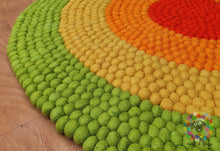 Load image into Gallery viewer, Felt Ball Rug. Ring Rug Circular Stripe Pom pom nursery rug. 100 % Wool Carpet (Free Shipping)