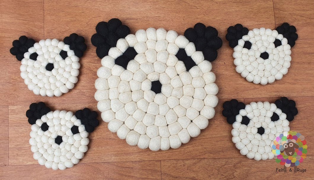 Panda Felt Ball Trivet and Coasters Set. 100 % Wool