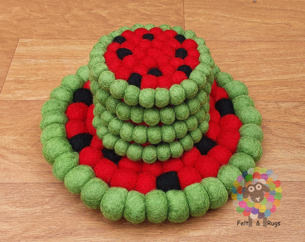 Watermelon Felt Ball Trivet and Coasters Set. 100 % Wool