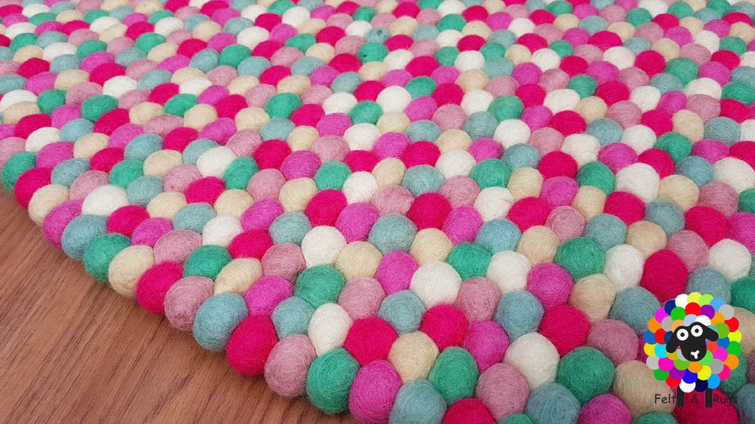 Felt Ball Rugs , Girl room rug 20 cm - 250 cm Shades of Pink, Mint Green and white (Free Shipping)