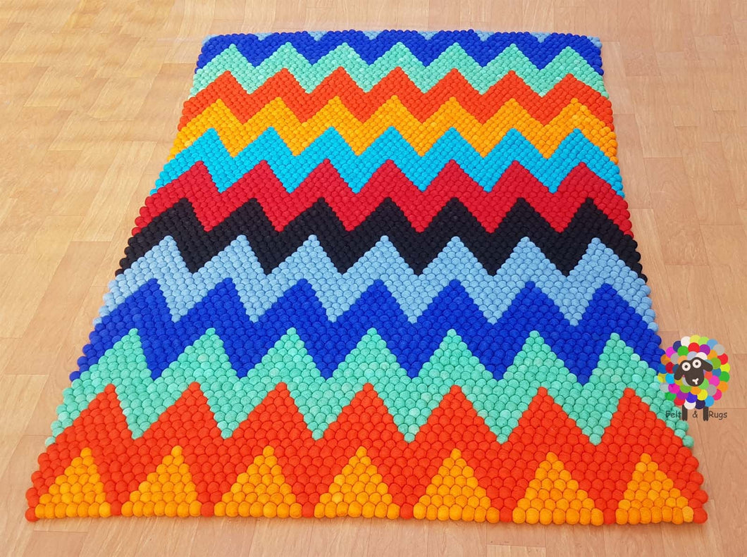 Rectangle Felt Ball Rugs / Rainbow Zig zag , Place mat Carpet. 100 % Wool Carpet (Free Shipping)