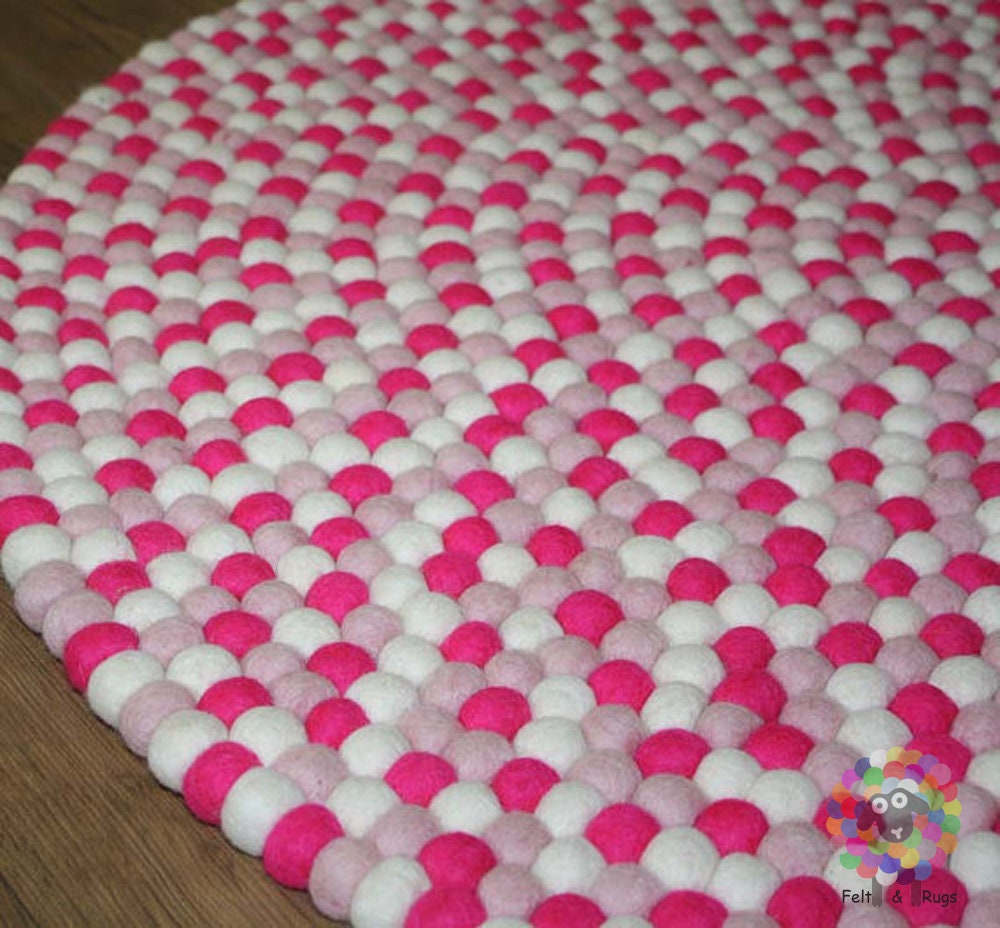 Felt Ball Rug. Baby Pink , Hot Pink / White  Children Rug/ Girl Room Rug / Nursery Rug (Free Shipping)