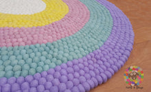 Load image into Gallery viewer, Felt Ball Rug. Ring Rug  Circular Stripe Pom pom nursery rug. 100 % Wool Carpet (Free Shipping)
