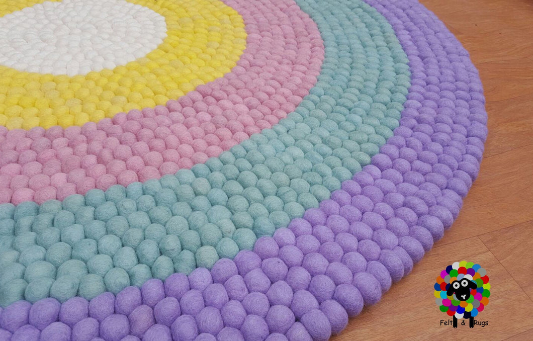 Felt Ball Rug. Ring Rug  Circular Stripe Pom pom nursery rug. 100 % Wool Carpet (Free Shipping)