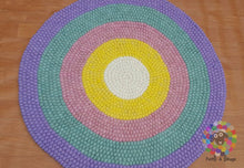 Load image into Gallery viewer, Felt Ball Rug. Ring Rug  Circular Stripe Pom pom nursery rug. 100 % Wool Carpet (Free Shipping)
