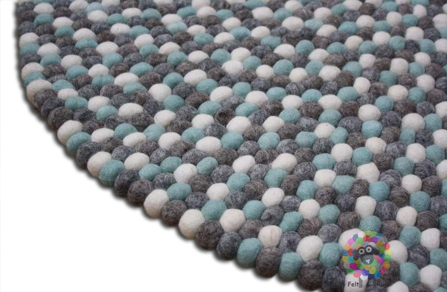 Felt Ball Rug 20 cm - 250 cm  Shades of Natural Grey and Light Blue  (Free Shipping)