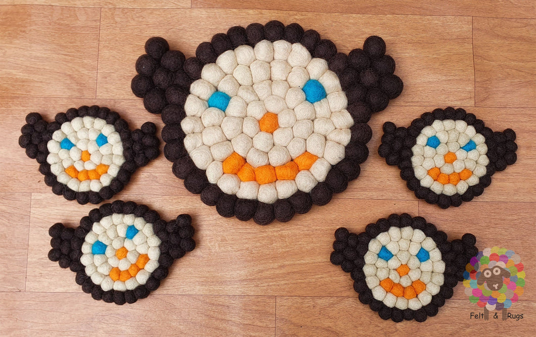 Monkey Felt Ball Trivet and Coasters Set. 100 % Wool