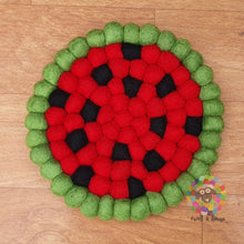 Load image into Gallery viewer, Watermelon Felt Ball Trivet and Coasters Set. 100 % Wool
