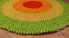 Load image into Gallery viewer, Felt Ball Rug. Ring Rug  Circular Stripe Pom pom nursery rug. 100 % Wool Carpet (Free Shipping)
