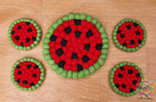 Load image into Gallery viewer, Watermelon Felt Ball Trivet and Coasters Set. 100 % Wool
