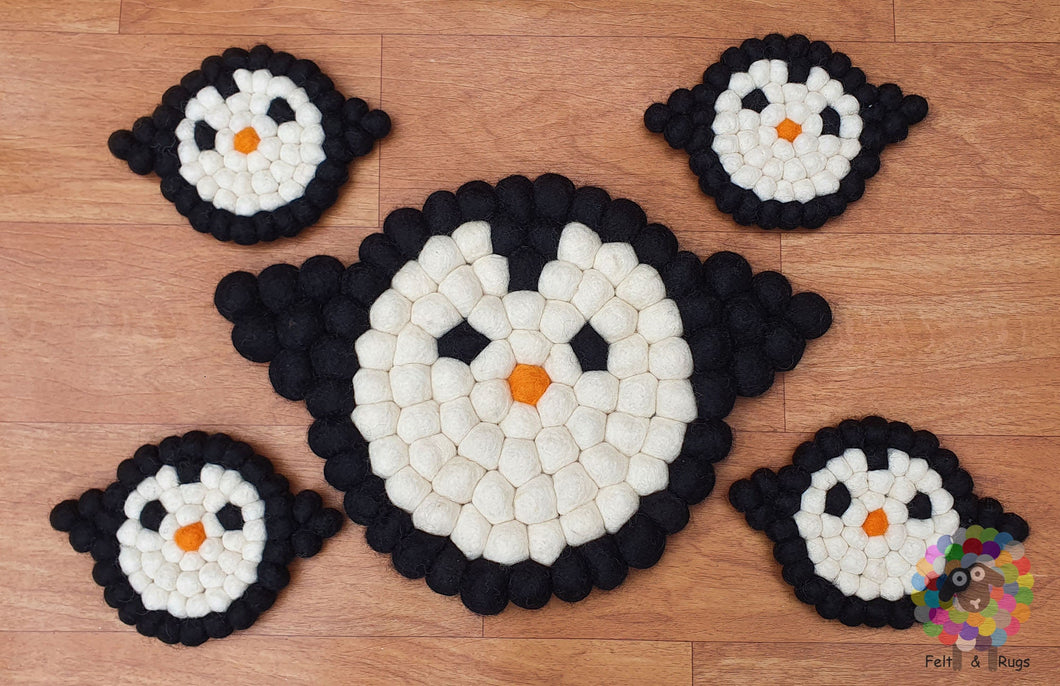 Penguin Felt Ball Trivet and Coasters Set. 100 % Wool