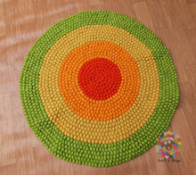 Load image into Gallery viewer, Felt Ball Rug. Ring Rug  Circular Stripe Pom pom nursery rug. 100 % Wool Carpet (Free Shipping)
